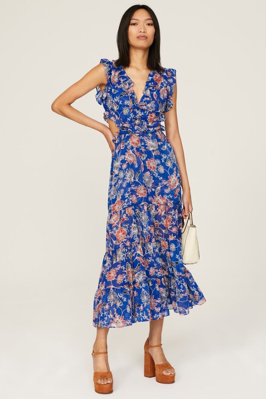 MISA Las Angeles Blue Floral Natasha Cutout Ruffled Midi Dress Size Medium
